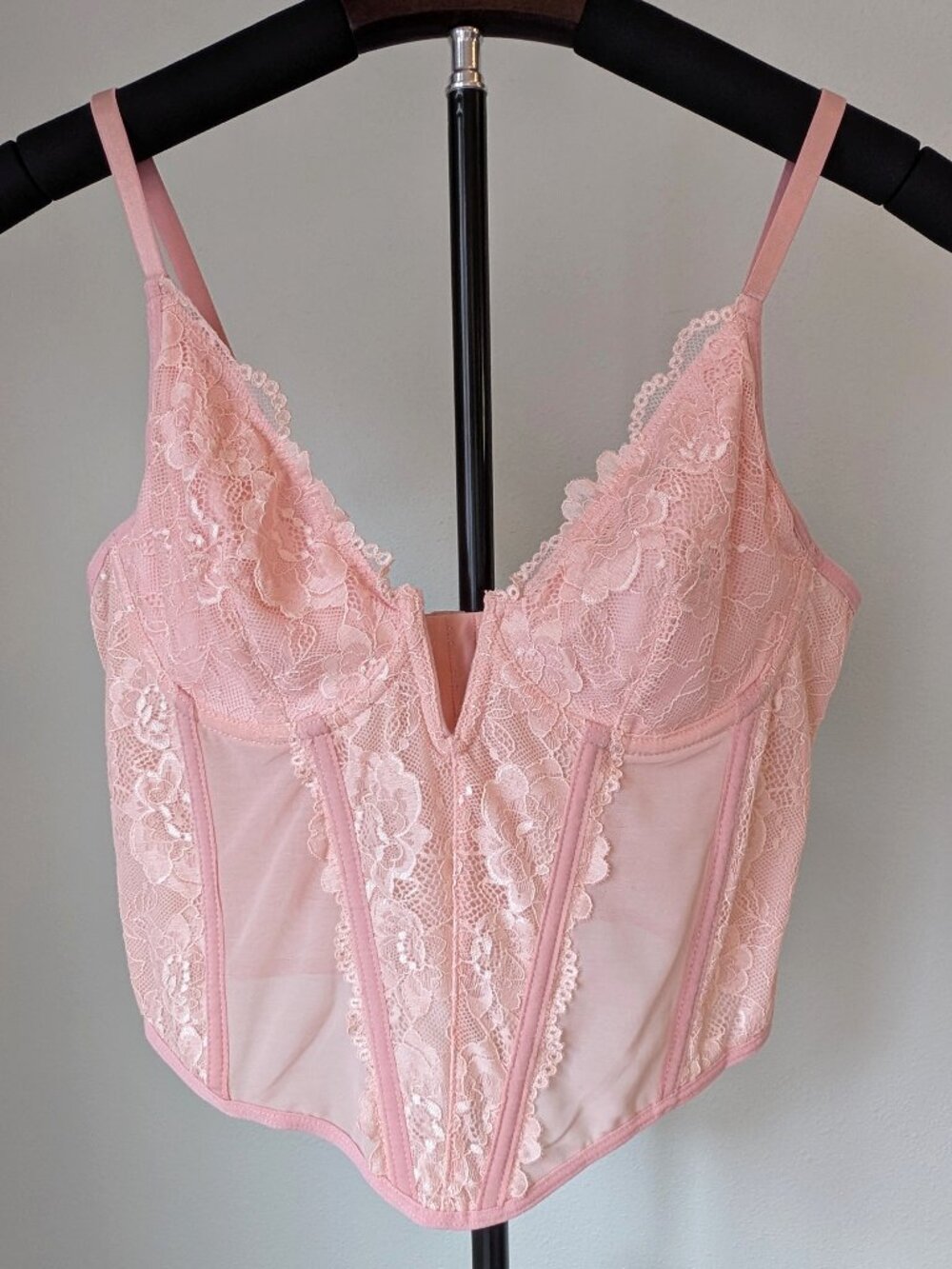 Pink Lace Bustier Corset Top with Mesh Panels Underwire and Boning, Coquette NWT